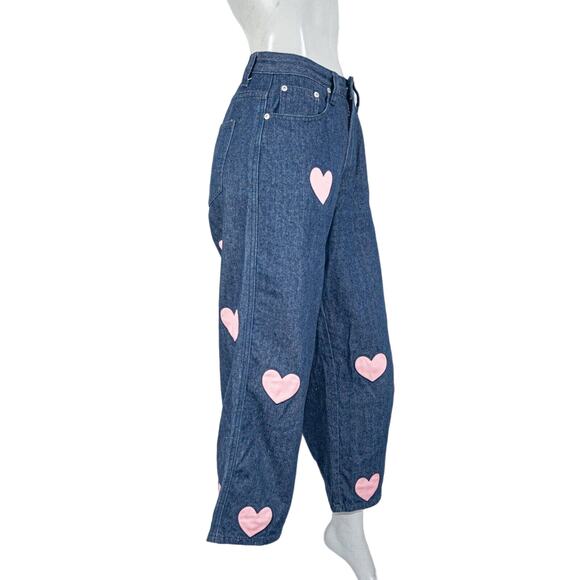 LAZY OAF Women's wide leg Pink Hearts Cut out Denim Jeans Size 26 - Picture 5 of 11